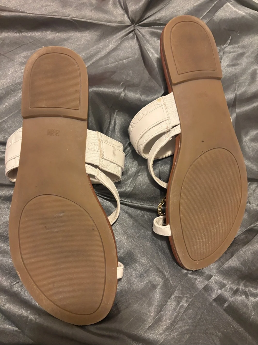 G by Guess Cream Leather Chain-Accent Sandals